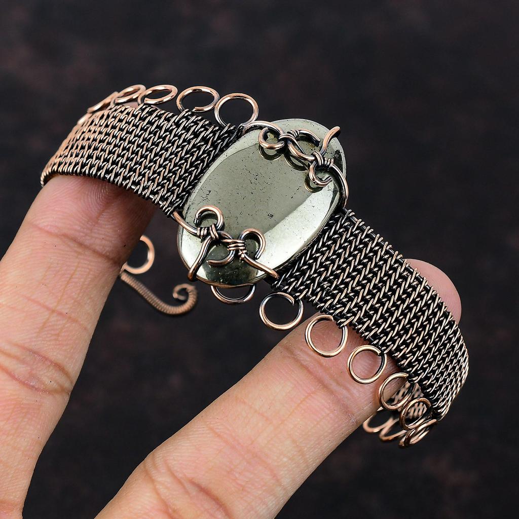 Apache Pyrite Cuff Bracelet Copper Wire Wrapped Cuff Bracelet Adjustable Bangle Gemstone Copper Jewelry Handmade Antique Bangle Gift For Him