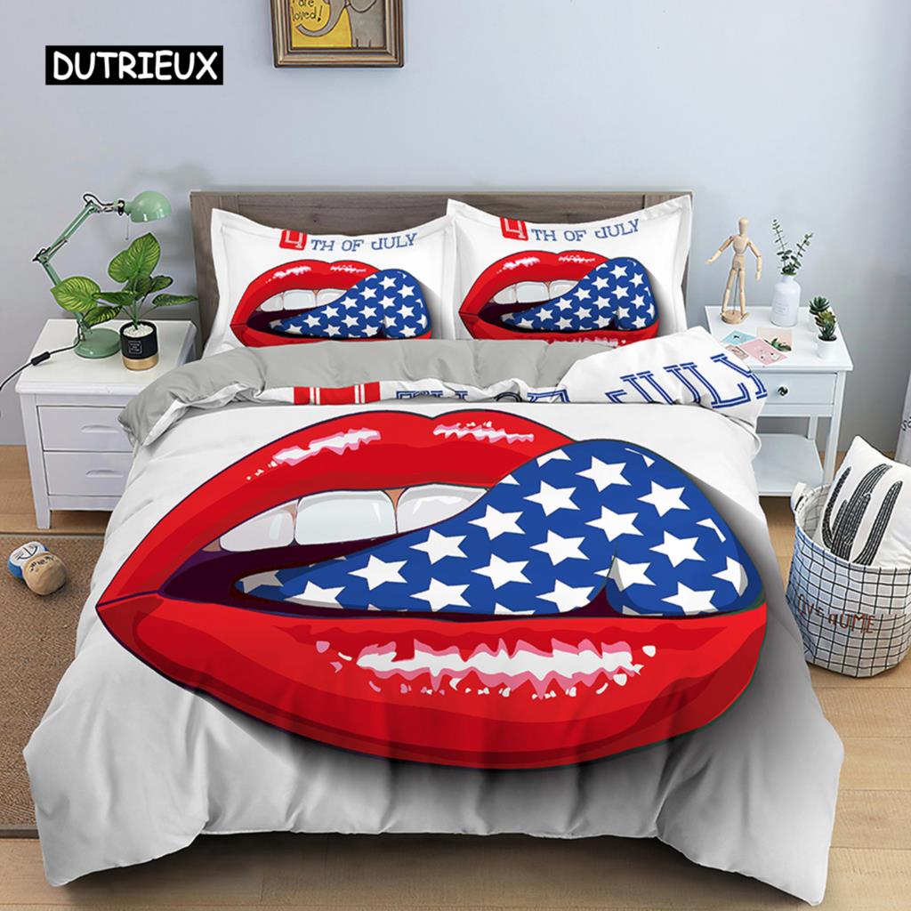 Red Lips Duvet Cover Set 3D Bedding Set Kiss Me Red Lips Bedclothes King Size Quilt Cover Sexy Lips for Women Men Bedroom Decor