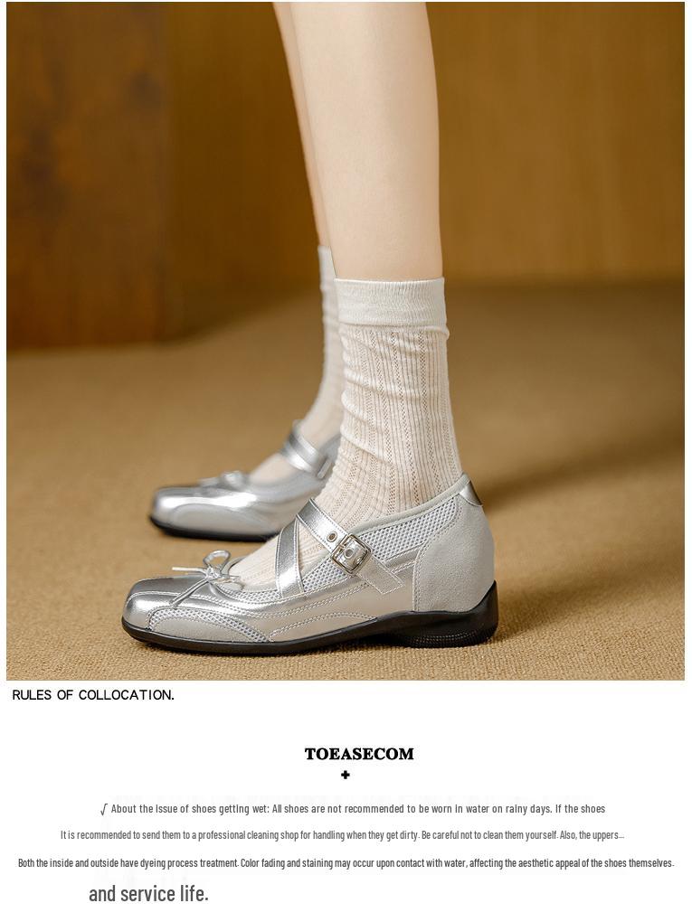 Silver Vintage Leather Hidden Heel Mary Jane Ballet Flats with Bow