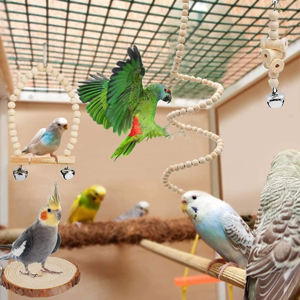 9-Piece Parrots Chewing Toy Set - Natural Wood & Rope Bungee Toys for Anchovies, Coconut Hideaway with Ladder, Bird Perch Stand, Cage Accessories for