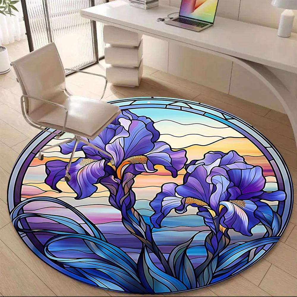 1PC Iris StainedGlass Office Round Area Rug, Indoor Mat Suitable ForOffice, Under Office Chairs Bedroom Living Room Home Decor, Room Deco F009
