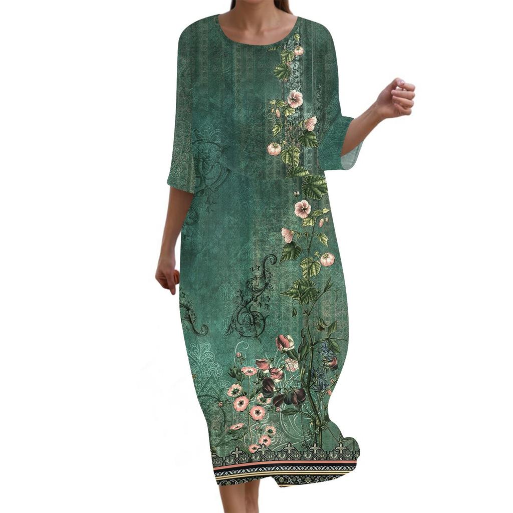 Women's Fashionable Printed Round Neck Seven Quarter Sleeve Loose Dress