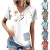 Damenmode Lässig V-Ausschnitt Kurzarm T-Shirt Plissiert Bedruckt Knopfleiste