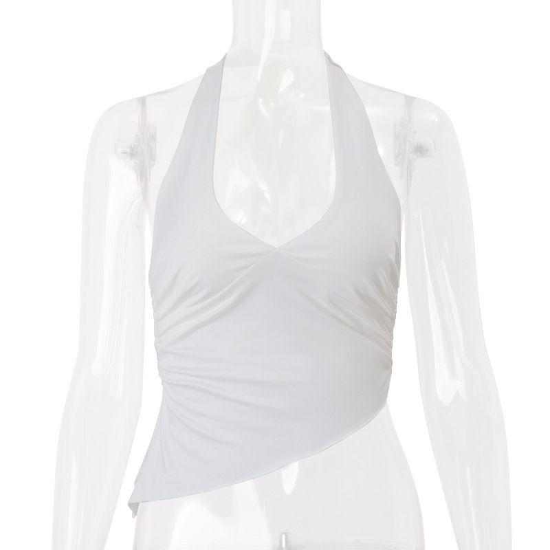 

European and American Women s Clothing 2025 Summer New Sexy Sexy Halterneck Strap Asymmetrical Pure Color Vest Tops T-shirt for Women White S