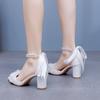 Coarse Heel Pointed Sandals Women's Beaded Ribbon Sandals White Bow Wedding Bridal High Heels Large Size Women's Shoes