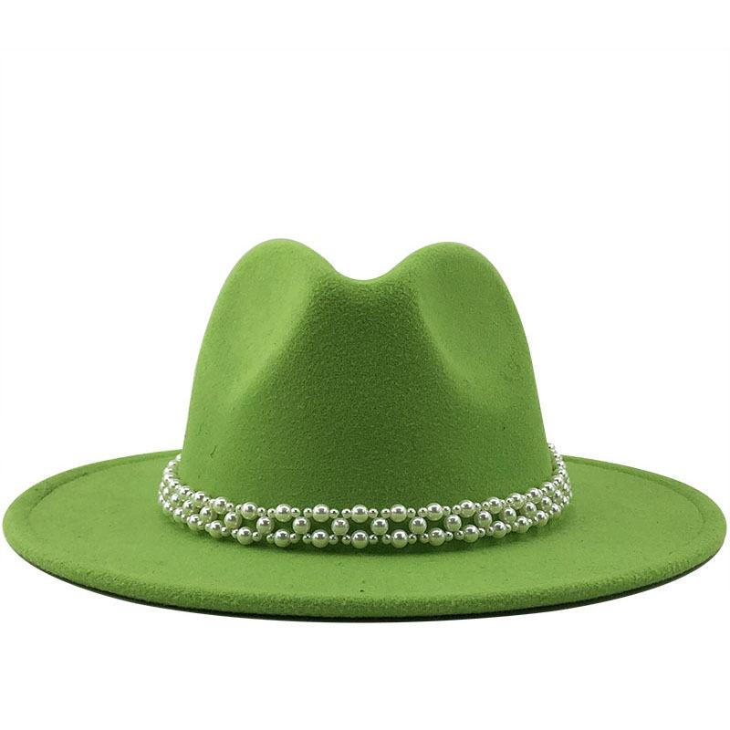 Woolen Hat Elegant Fashion Pearl Woolen Hat British Style Jazz Hat Big Brim Hat Women's Autumn and Winter Top Hat