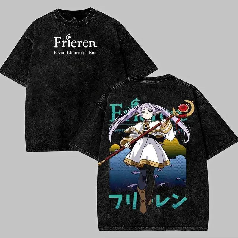

Japan Anime Frieren Beyond Journey s End Fern Manga Graphic Print T-shirt Men Women Vintage Washed Cotton Loose Casual Oversized Top Summer New Tee XXXL слонова кістка