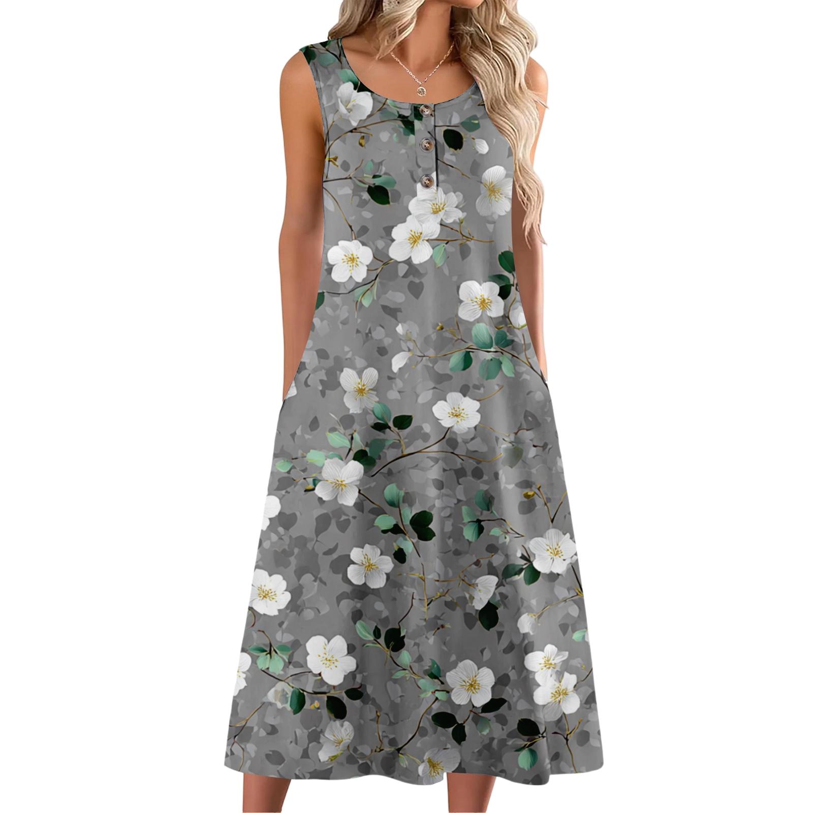 

Women s Fashion Casual Sleeveless Button Floral Print Dress with Pocket M