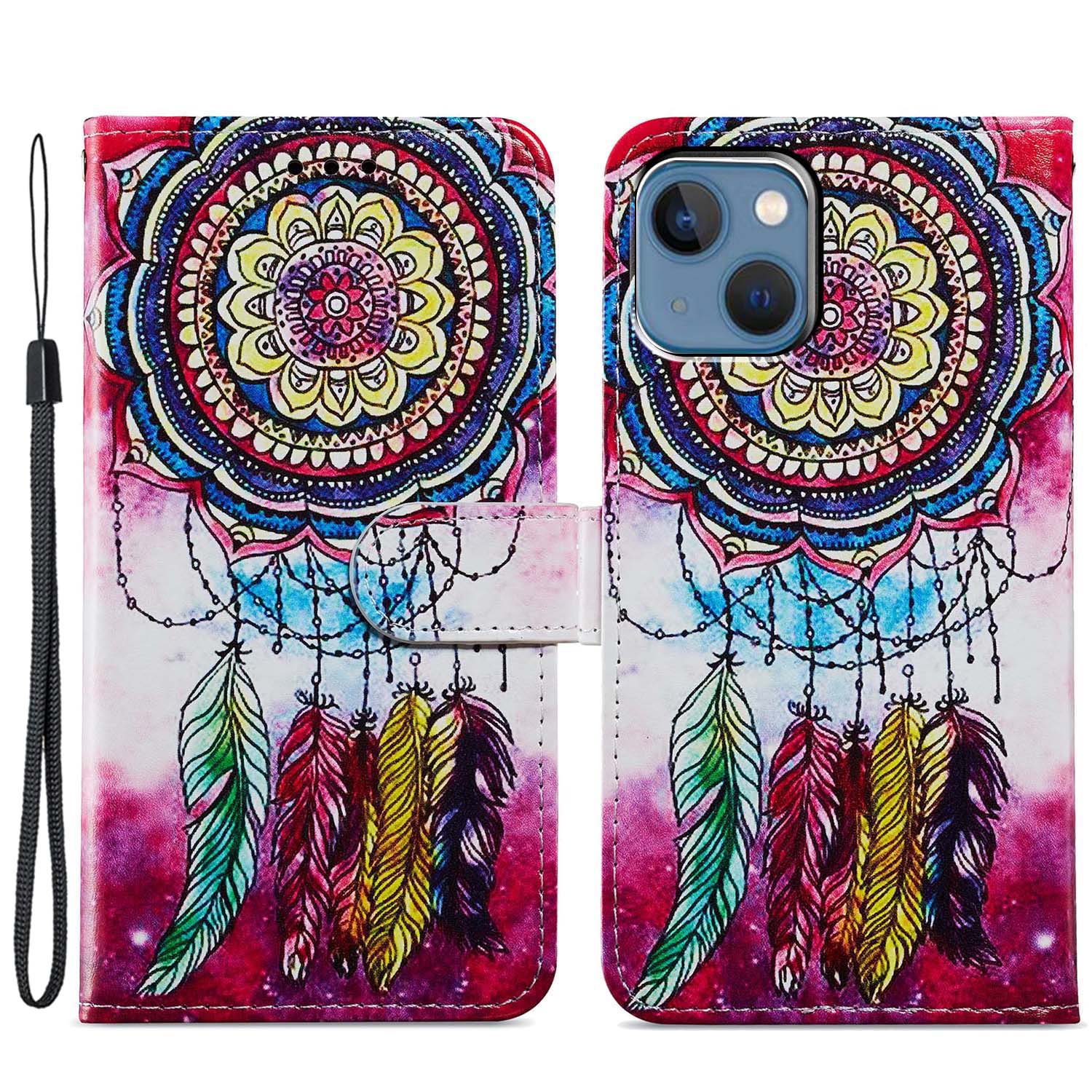 

For iPhone 15 PU Leather Flip Cover Wallet Stand Pattern Printing Phone Case with Strap Dream Catcher
