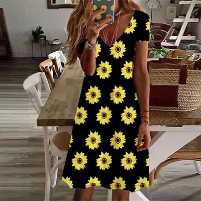 Summer Fashion Women's V Neck Short Sleeve Beautiful Chrysanthemum Printed Dress Sex Dress