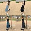 Denim Skirt High Waist Split A Line With Vintage Wash For Summer Casual Wear