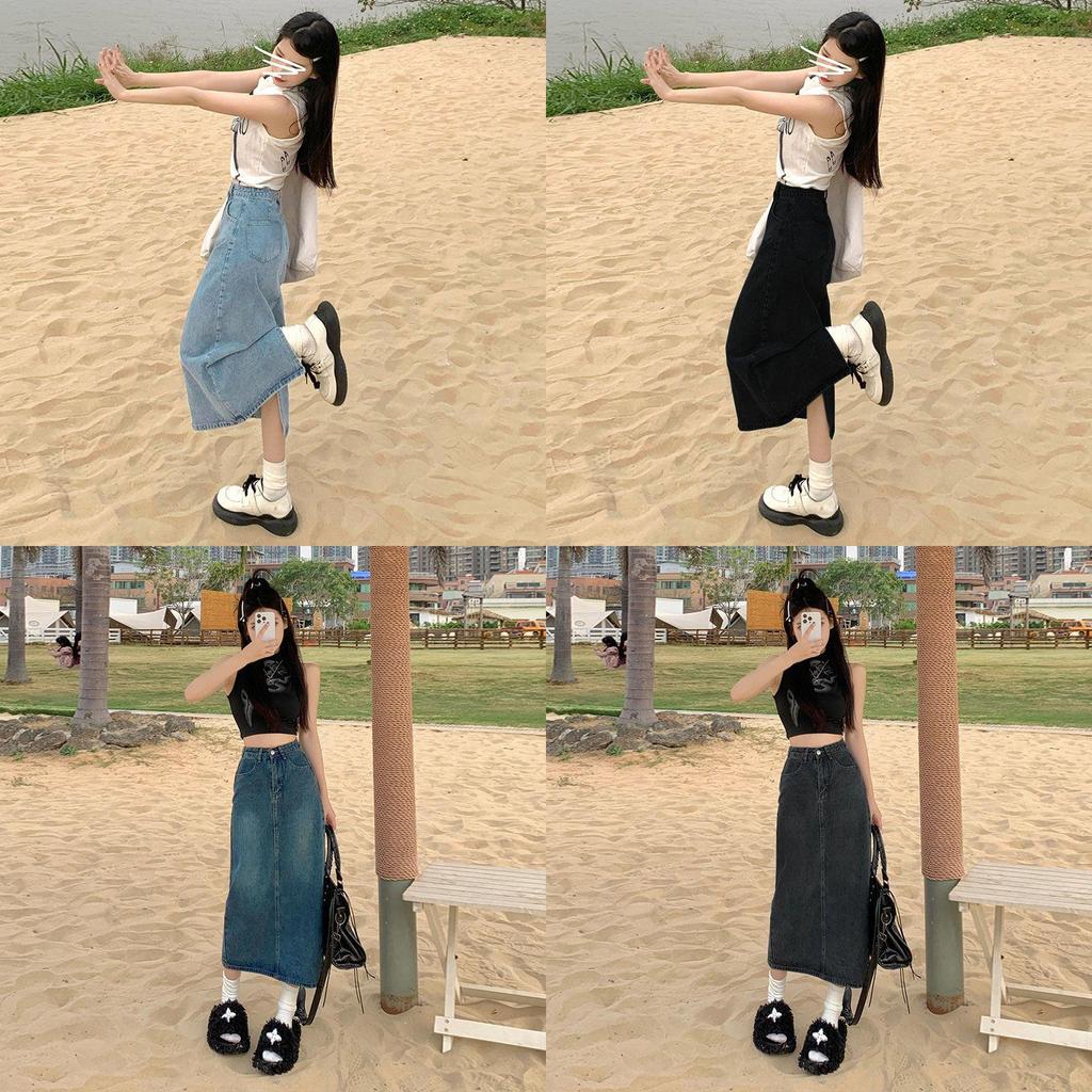 Denim Skirt High Waist Split A Line With Vintage Wash For Summer Casual Wear