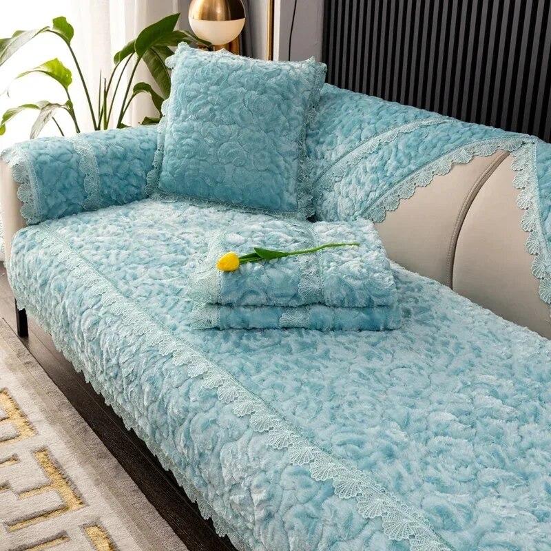 Solid Retro Rose Velvet Sofa Mat European Lace Trimmed Plush Sofa Cushion Leather Sofa Anti Slip Cover Dust Cover Cloth