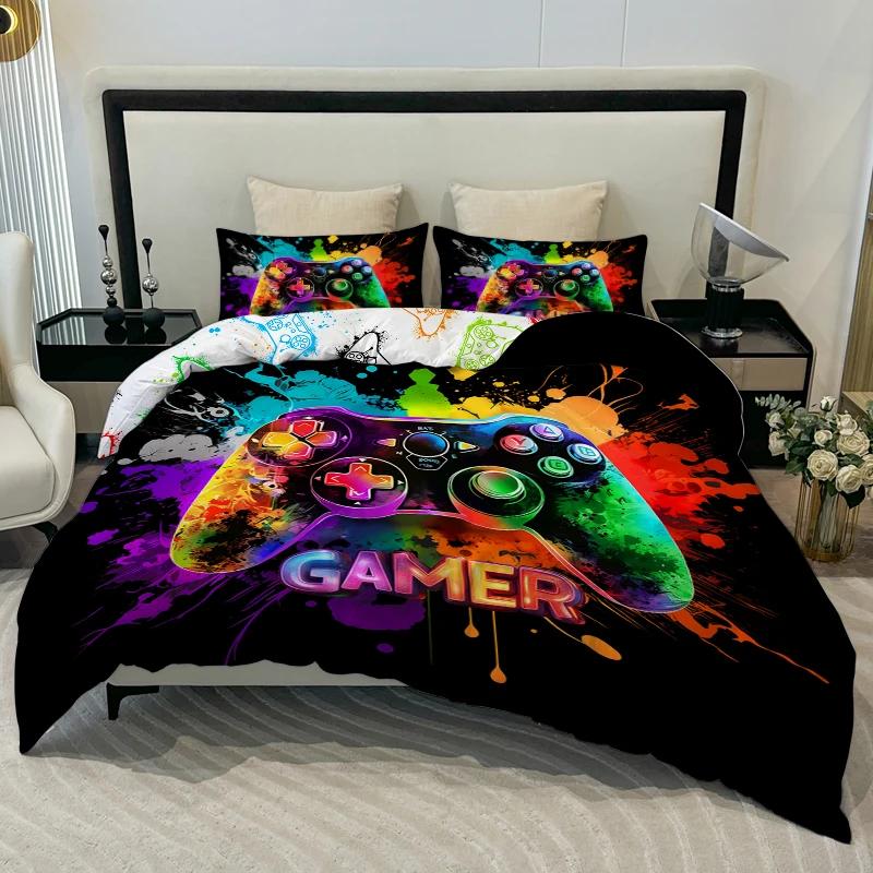 3-teiliges Bettwäscheset mit ölfarbenem Spielkonsolen-Motiv, bestehend aus 1 Bettbezug und 2 Kissenbezügen, Digitaldruck, komfortablem und weichem Stoff