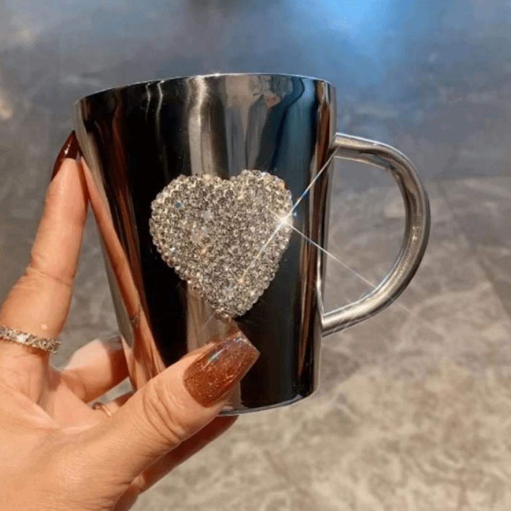 Heart Shaped Bling Coffee Mug Stainless Steel Modern Glass Cup Sparkling Water Cup  Home Use