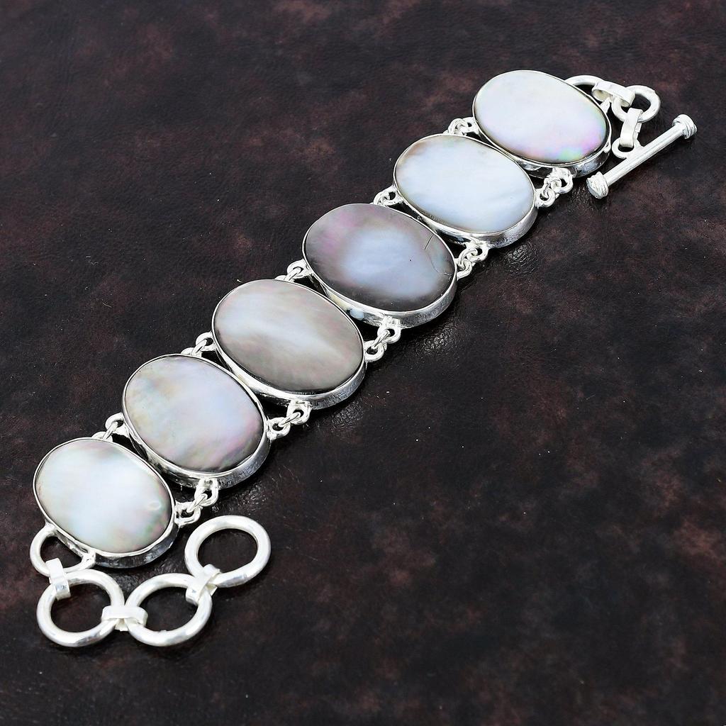 Schwarzes Perlmutt-Armband, handgefertigter Schmuck, 925er Sterlingsilber-Armband, echter Edelstein-Schmuck, verstellbares Kettenarmband, Geschenk für Freundin