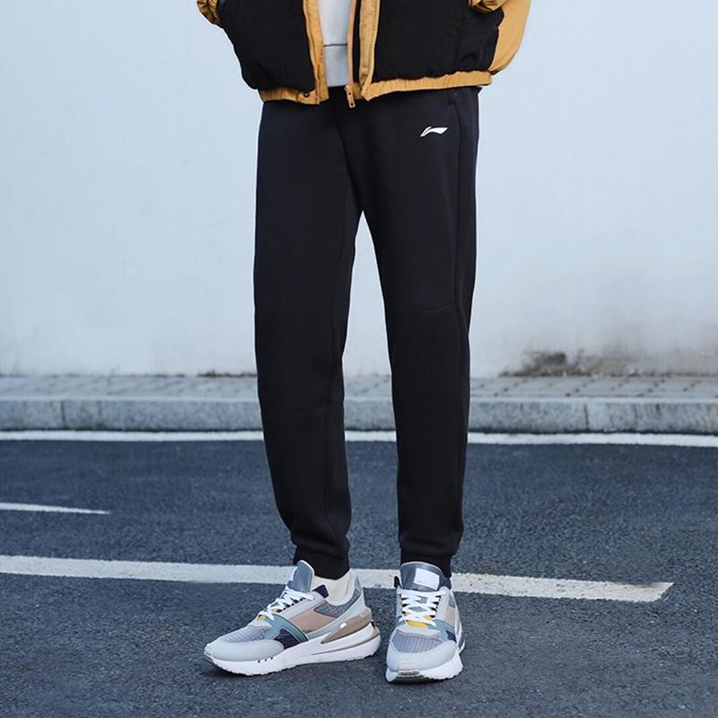 Li Ning Solid Color Fleece Hooded Jacket Logo Print Cuffed Fleece Sports Pants Casual Sports Suit Men Sportswear Black YWDT477-1+AKLTC13-1