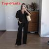 French Sweet Style Solid Vneck Bubble Sleeve Pantsuit With Tie For Summer Casual Wear