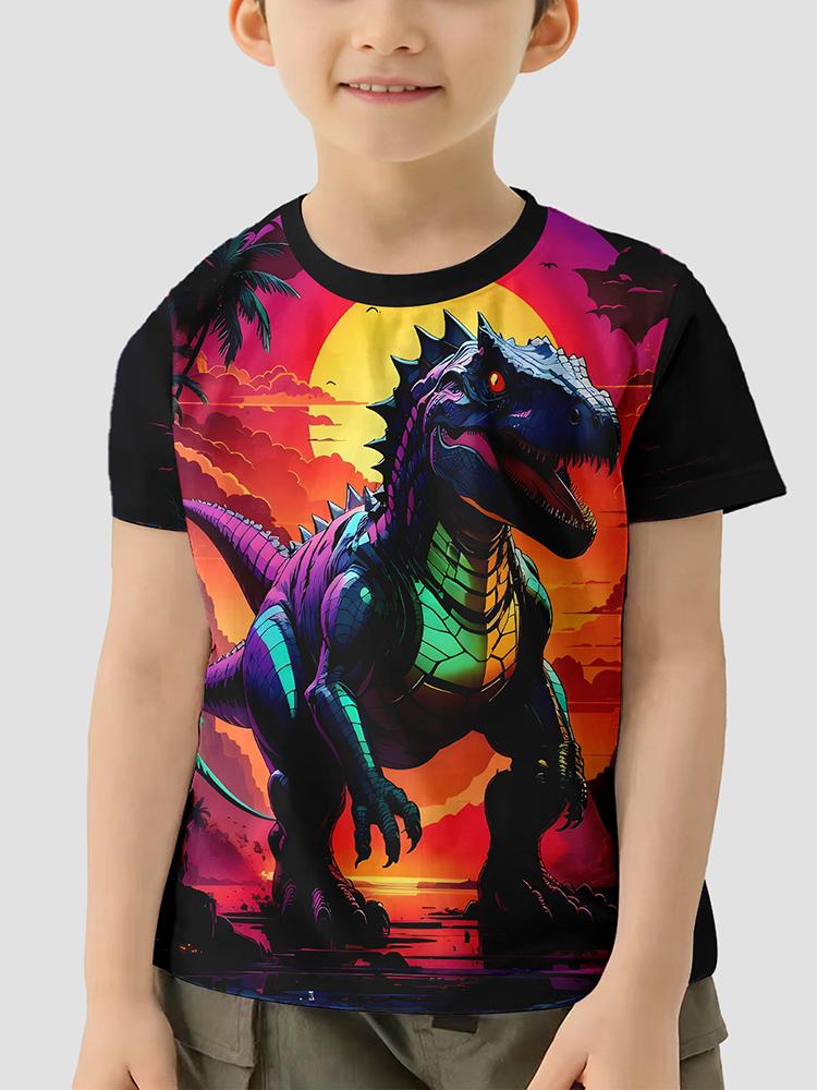 3D Print Digital Dinosaur Boys Creative T-shirt, Casual Lightweight Comfy Short Sleeve Tee Tops, Kids Clothings For Summer