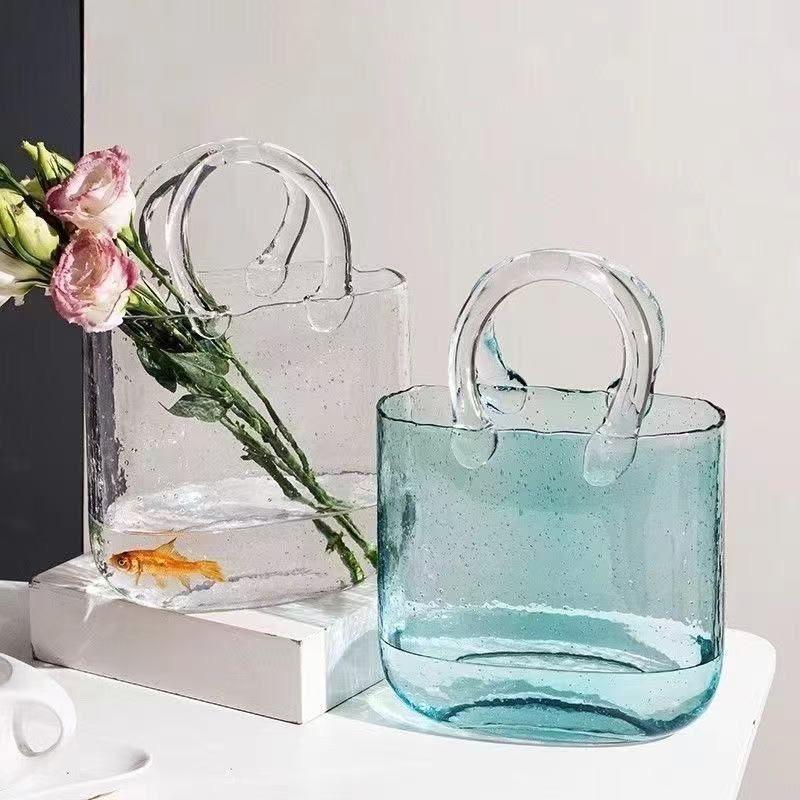 Trendige Glas-Handtaschen-Vase, Kreative Blasen-Fischglas-Blumenvase für Tischplatte, Hydroponische & Dekorative Blumen