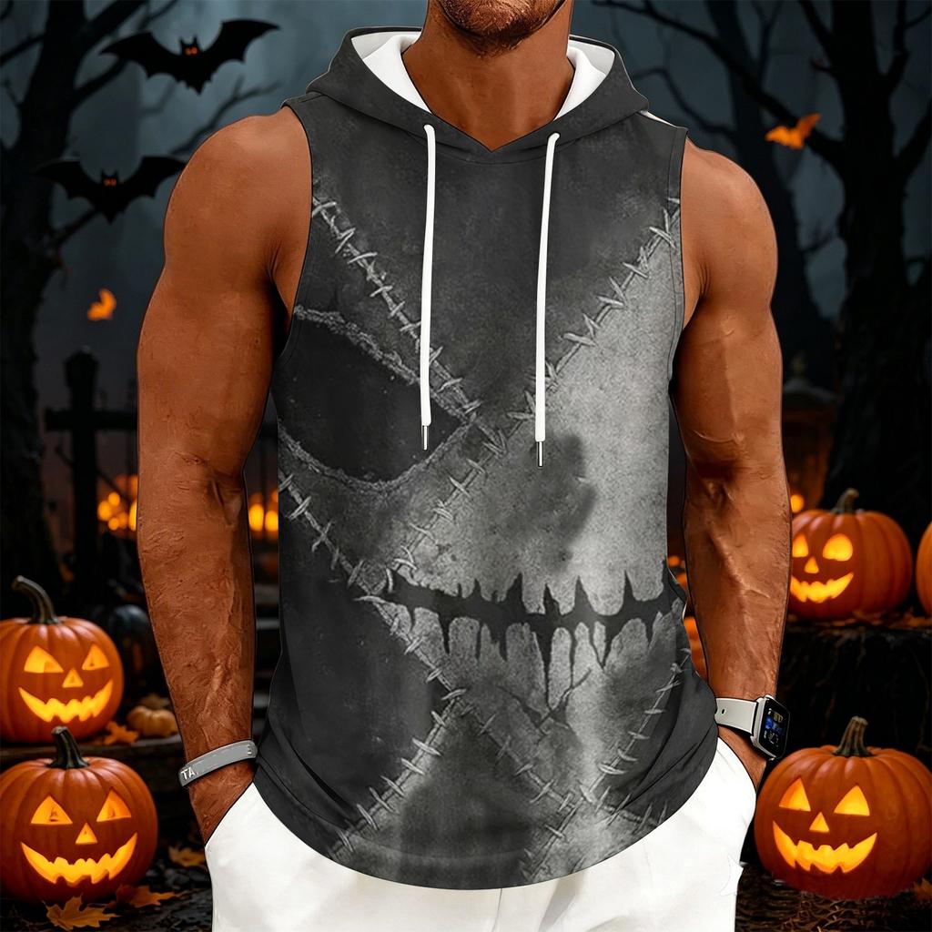 Men's Sleeveless Hoodie Casual Drawstring Hooded Tank Top Halloween Print Streetwear Muscle Fit Summer Vest