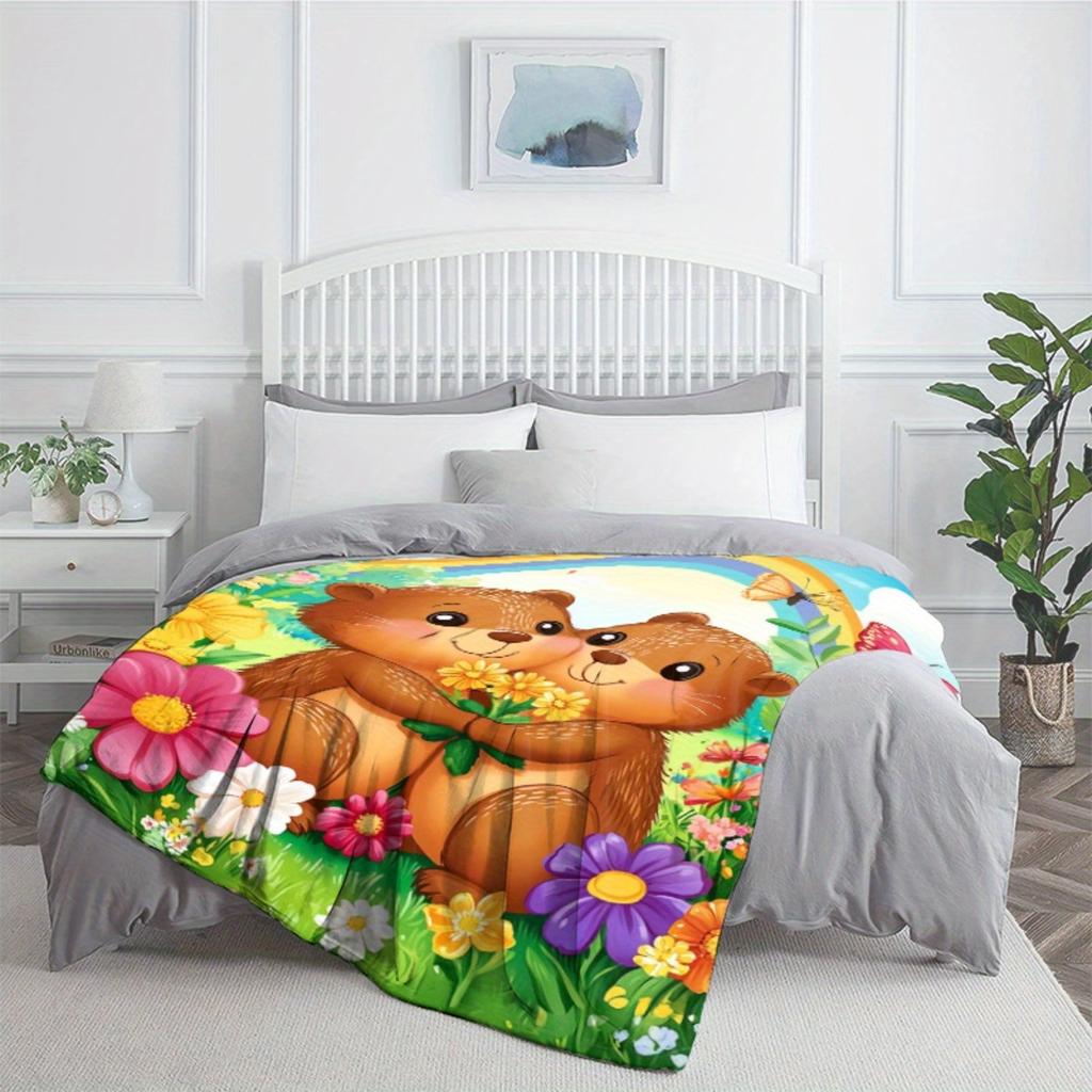 Love Otters Holding Flowers Rainbow Garden Blanket Soft Flannel Throw Home Decor Art Print Couple Gift Kids Bedroom Decor