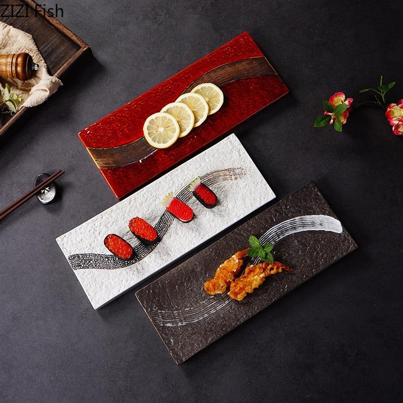 Vintage Ceramic Cooking Dish Creative Rectangular Sushi Plate Japanese Restaurant Food Decoration Dessert Plate Tableware
