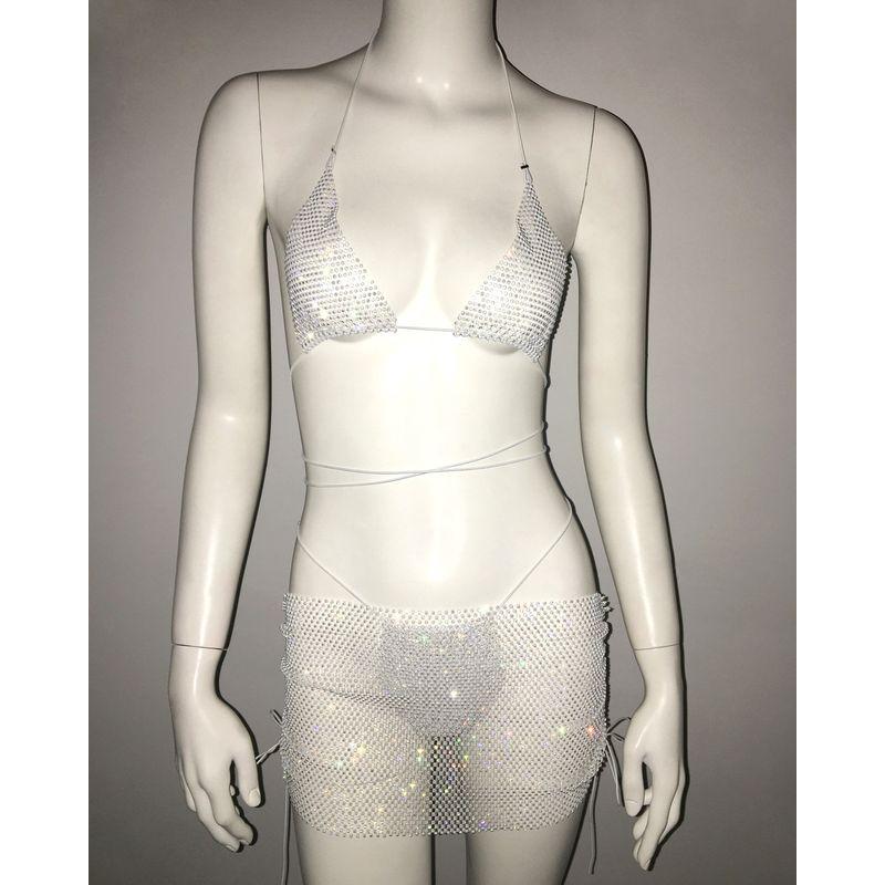 

Outfitgirl Stylish Sexy Skirt Outfit Party Pool Sexy Three-Point Rhinestone Bikini Three-Piece Set White All yards
