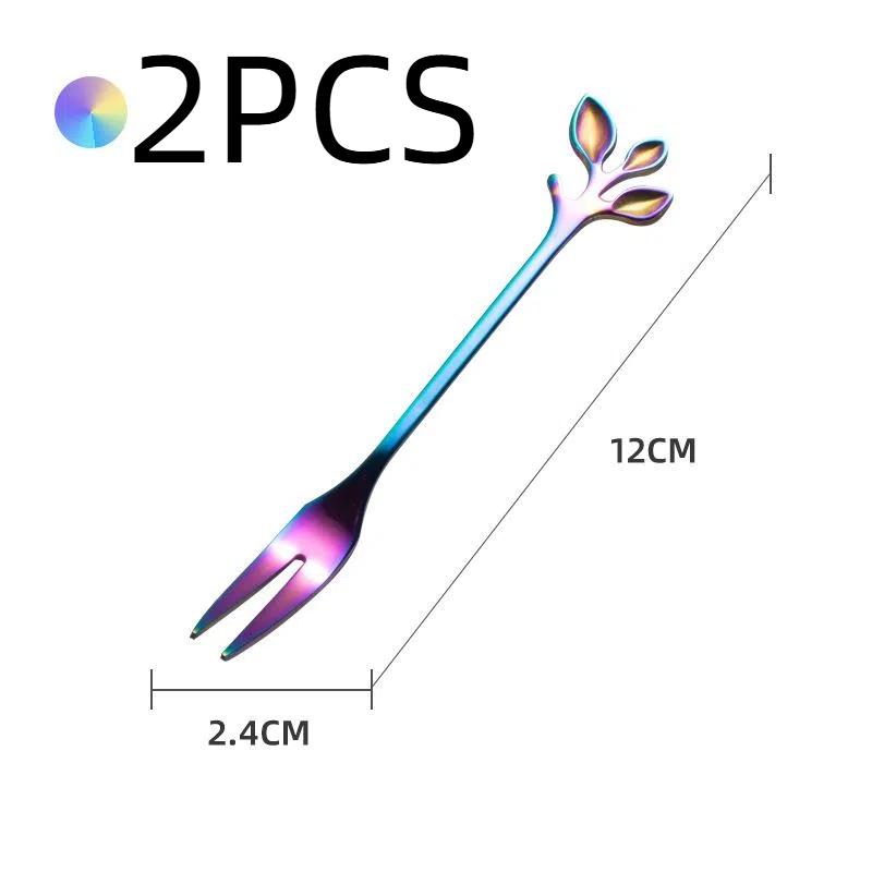 HANYANG Obstgabel aus Edelstahl, goldene Blätter, kreativer Gabellöffel aus Edelstahl, bunter Kaffeerührlöffel