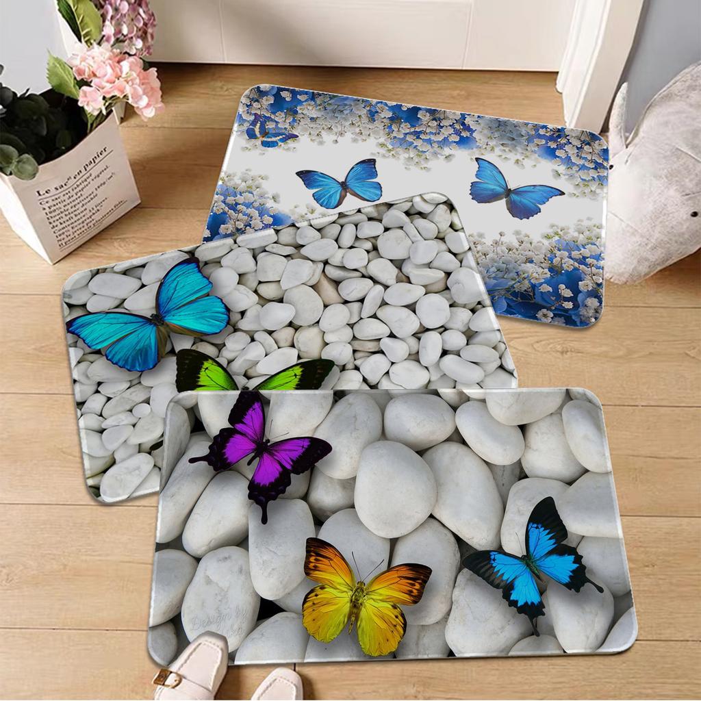 Green Butterfly Art Mat Printed Flannel Floor Mat Bathroom Decor Carpet Non-Slip For Living Room Kitchen Welcome Doormat Carpet