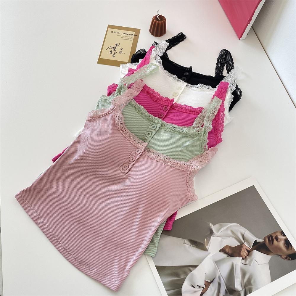 Camiseta sin mangas acanalada de encaje, Tops cortos con cuello Halter para mujer, camisola con botones, camisola con espalda al aire, chaleco recortado sin mangas de tubo de punto a la moda para mujer