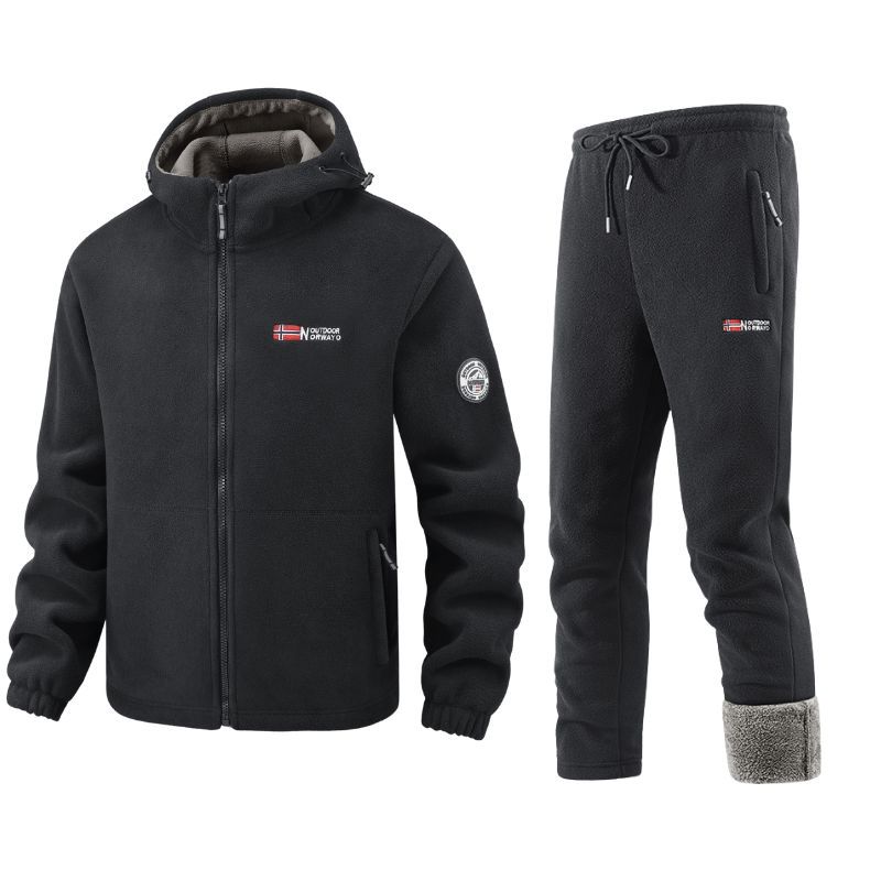 

Мужской комплект осенне-зимняя флисовая куртка с капюшоном, флисовая куртка, для занятий спортом на открытом воздухе с толстым флисом, теплый и ветрозащитный комплект из двух предметов L