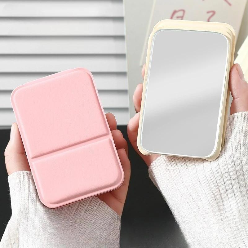 1PC Cute Portable Personal Makeup Mirror Solid Color PU Leather Foldable Makeup Mirror Handheld Compact Pocket Mirror Home