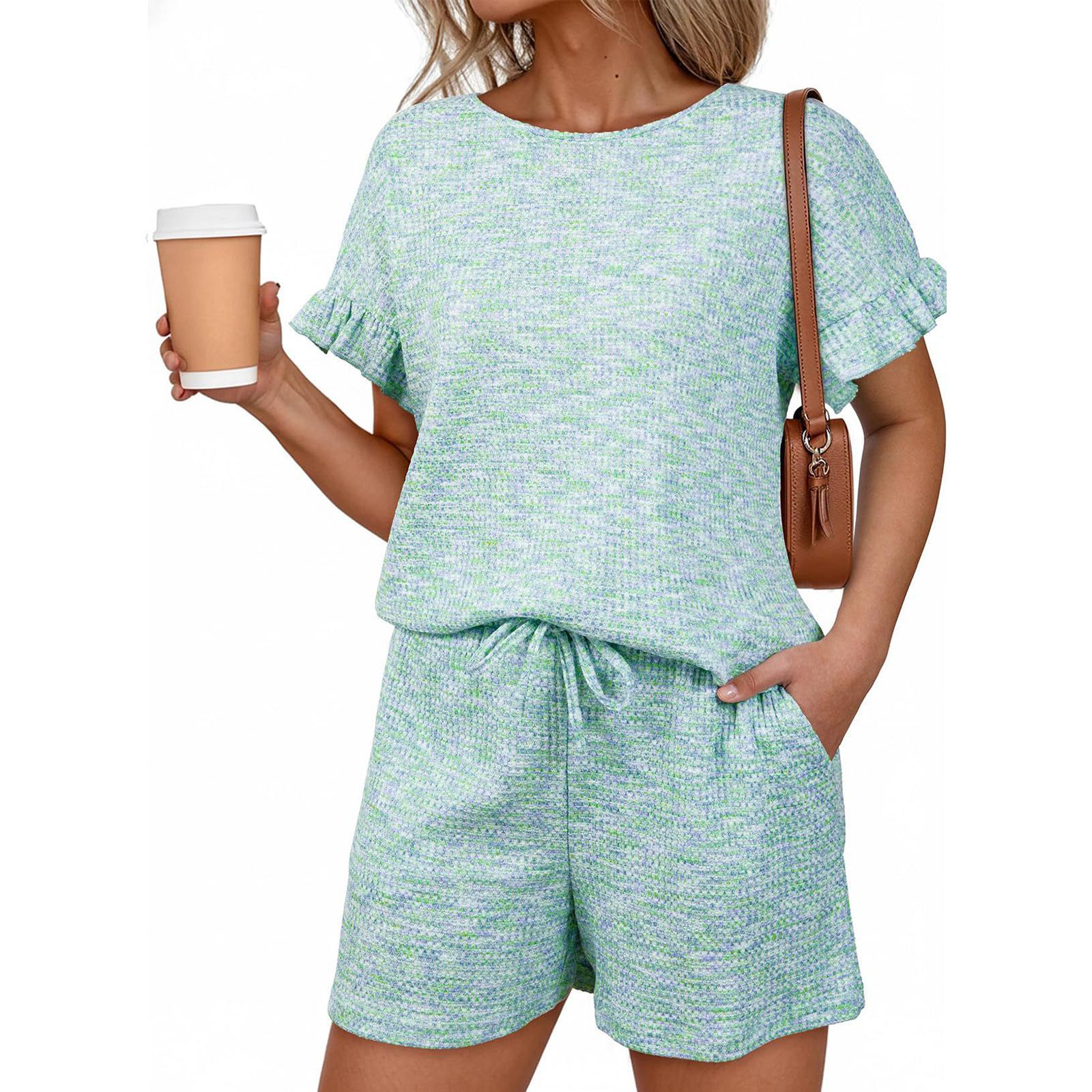 

Women s Round Neck Pullover Sleeve Drawstring Pocket Shorts Set M зелёный