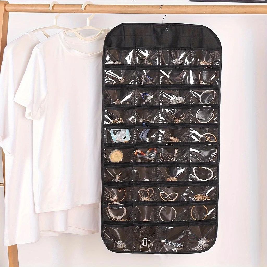 1pc 80 Pockets Hanging Women Jewelry Organizer, Earrings Necklace Bracelet Ring Accessories Display Holder