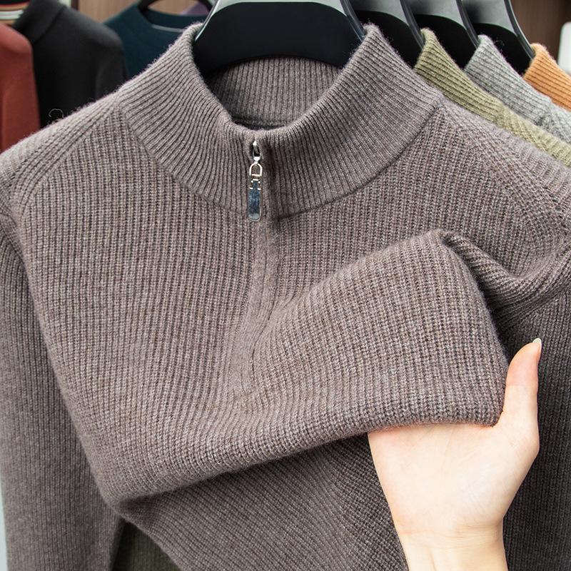 Men's 100% Wool High Collar Zipper Sweater - Thick, Warm Knitted Base Layer for Autumn/Winter