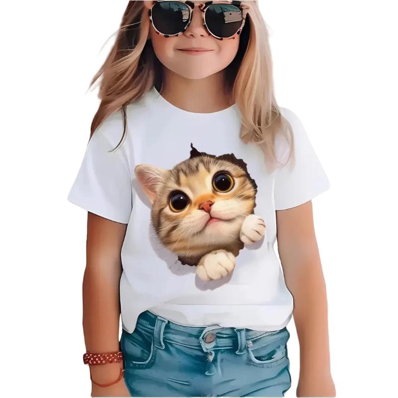 New Cartoon Cat Girl T-Shirt Short Sleeve Top Clothes Round Neck Top Fashion Junior Girls' Clothing Cute Outdoor Kids Tee