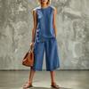 Women's Pink Sleeveless Two Piece Set Side Button Detail Wide Leg Cropped Pants