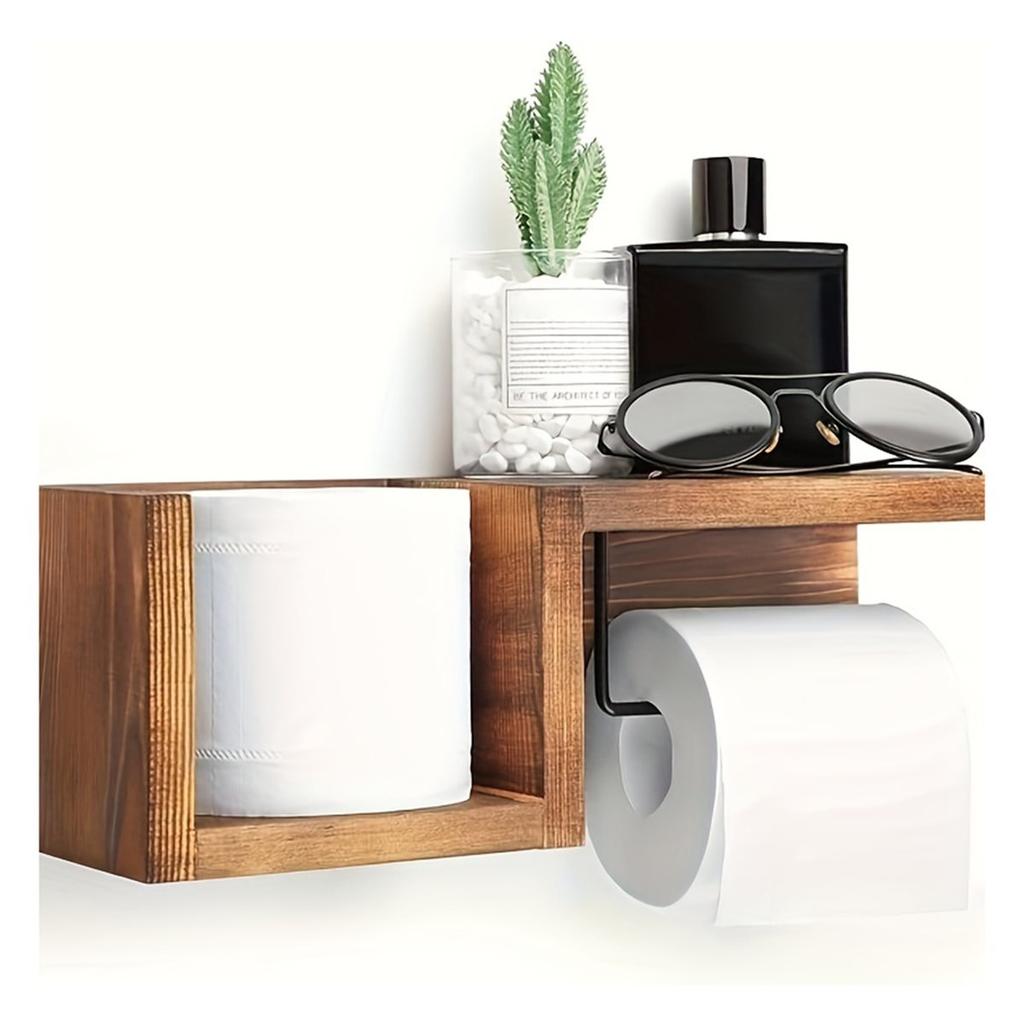 Wooden Wall Mounted Towel Rack & Tissue Holder with Shelf Farmhouse Bathroom Organizer Mounted Towel Rack Tissue Holder