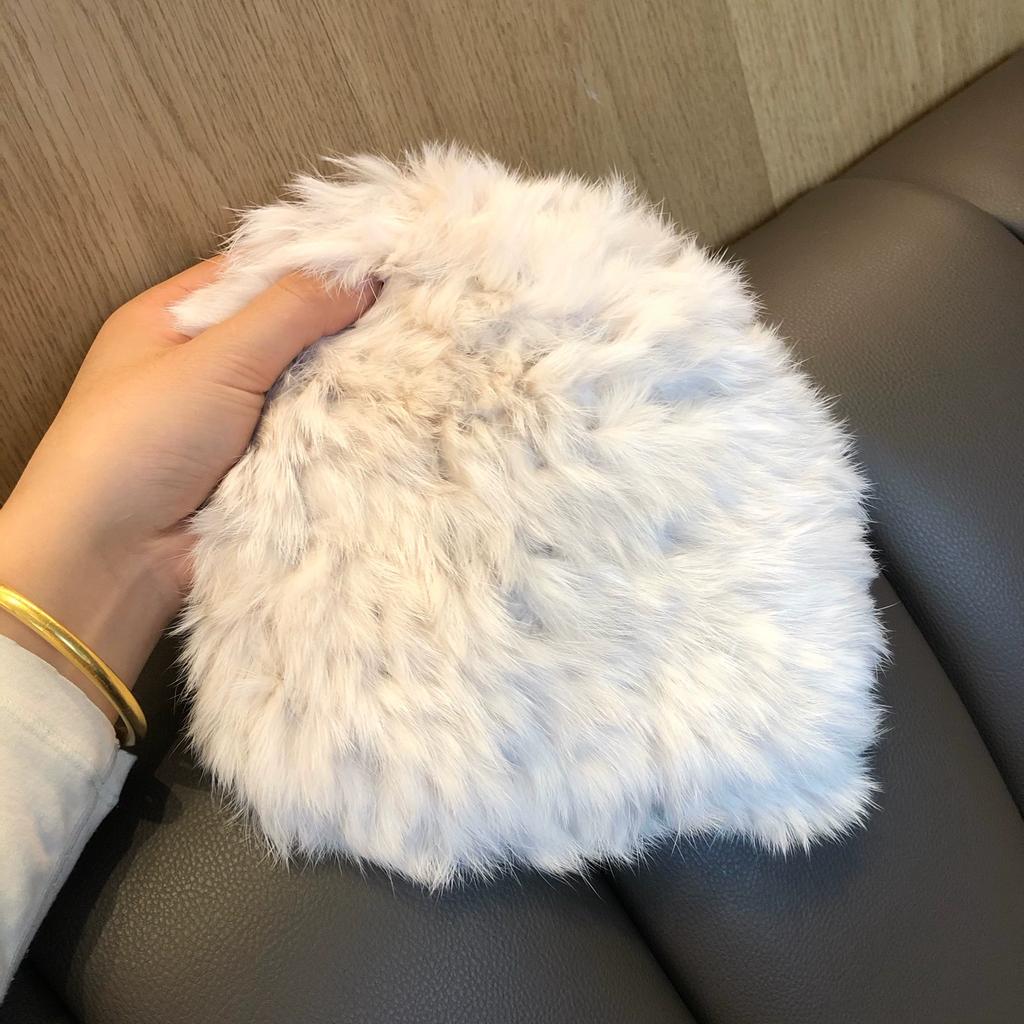 Rabbit Fur Hat Female Chuanxi White Fur Hat Fur Cold and Warm Plush Knitted Hat Cute Headgear Autumn and Winter