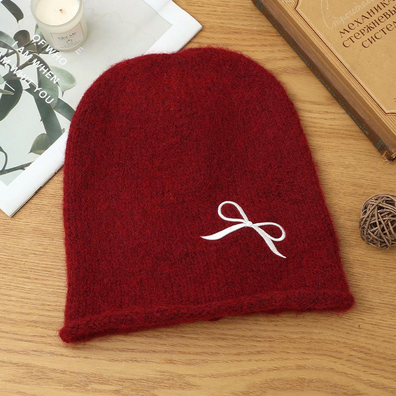 Sweet and Cute Bow Embroidered Drawstring Cold Hat Autumn and Winter Fashion Versatile Pullover Hat Windproof and Warm Wool Hat Korean