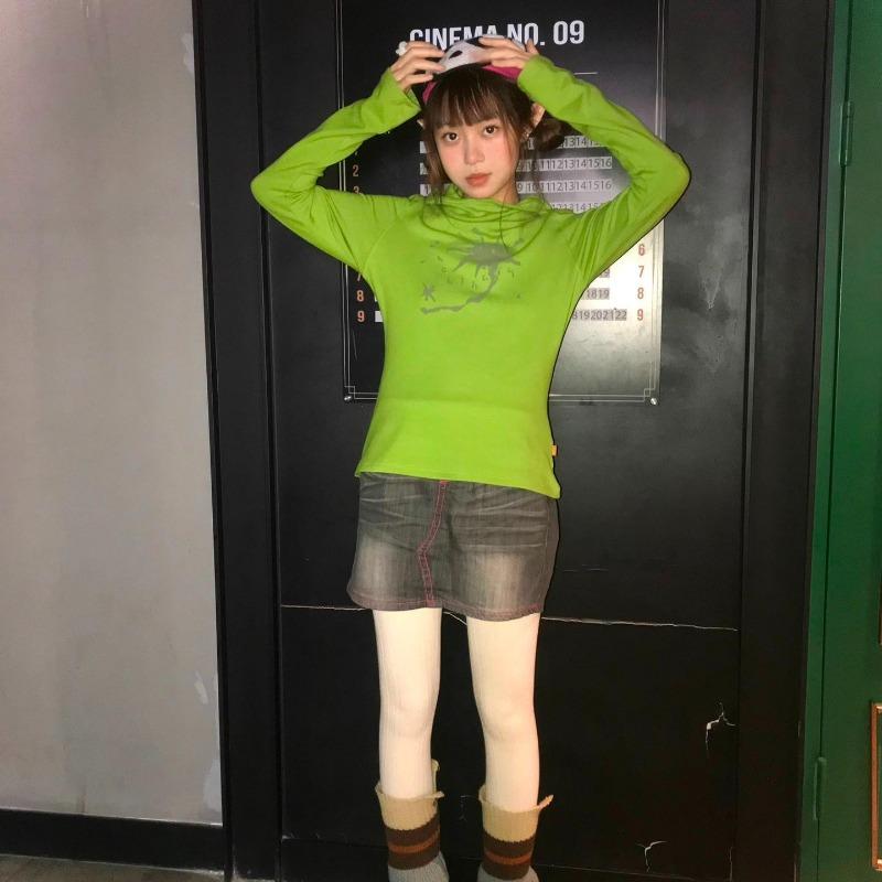 2KWEIRD Japanese Y2k Hooded T-shirt Grunge Aesthetics Green Long Sleeve Tee Shirt Vintage Harajuku Hooded Tops 2000s Streetwear
