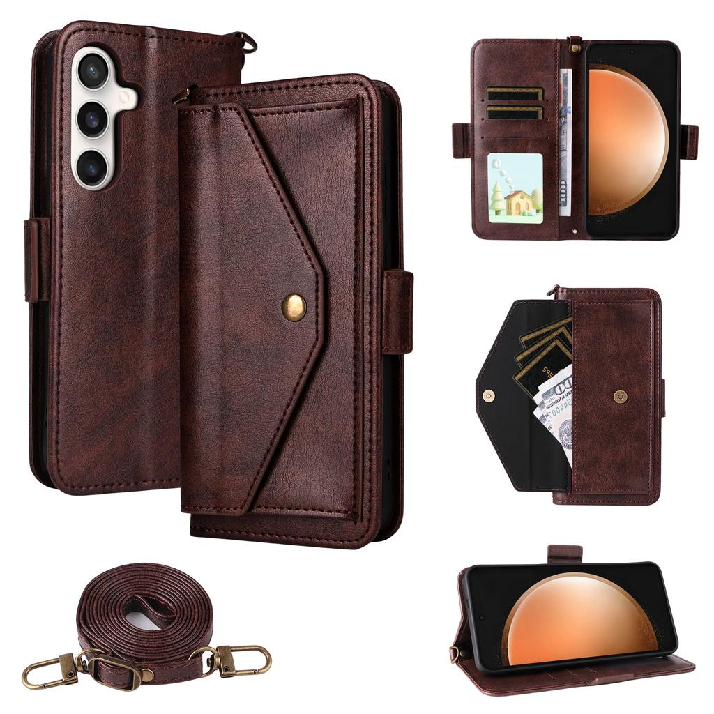 For Samsung Galaxy S25 FE Leather Case Magnetic Closure Wallet Stand Phone Cover with Crossbody Strap