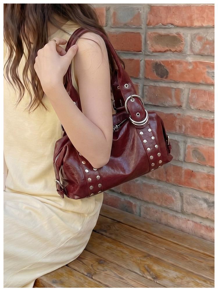 Korean Style Rivet Handbag: Large Capacity, Versatile Shoulder & Underarm Bag for Women - High-Quality, Trendy Motorcycle Design