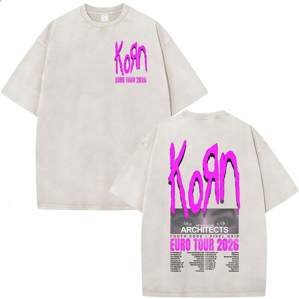 Korn Europe Tour Vintage Washed T Shirt Fan Gifts Metal Gothic Rock Band Tshirts Mens Clothing Casual Short Sleeve Tshirt