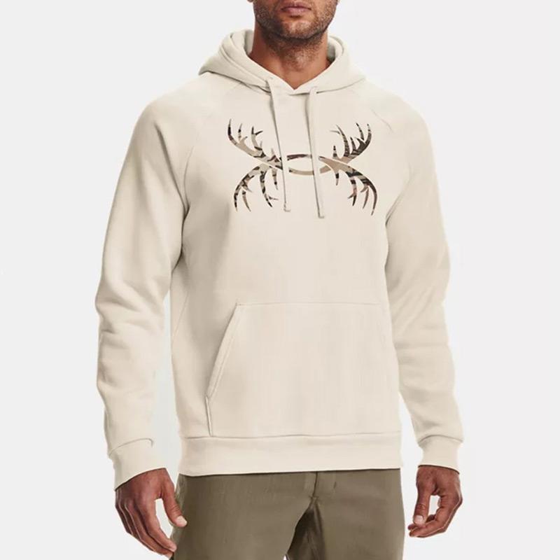 Under Armour Rival Antler Fleece Hoodie With Logo Long Sleeve Sports Sweatshirt Men Tops Off-White 1365679-110