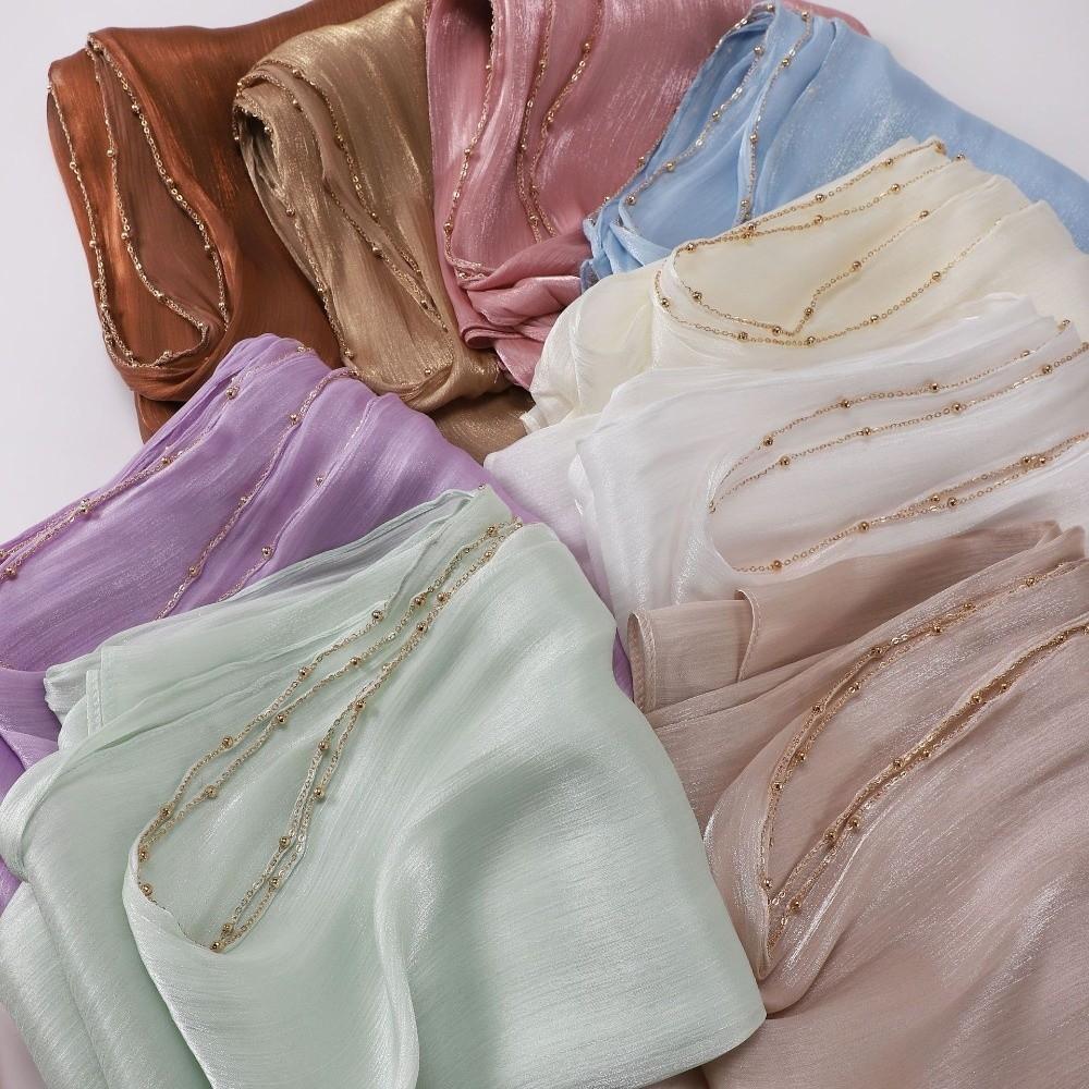 High Qulaity Solid Color Silk Scarf Shining Unilateral golden chain Sunscreen shawl Long Chiffon Ramadan Long Scarf Outdoor