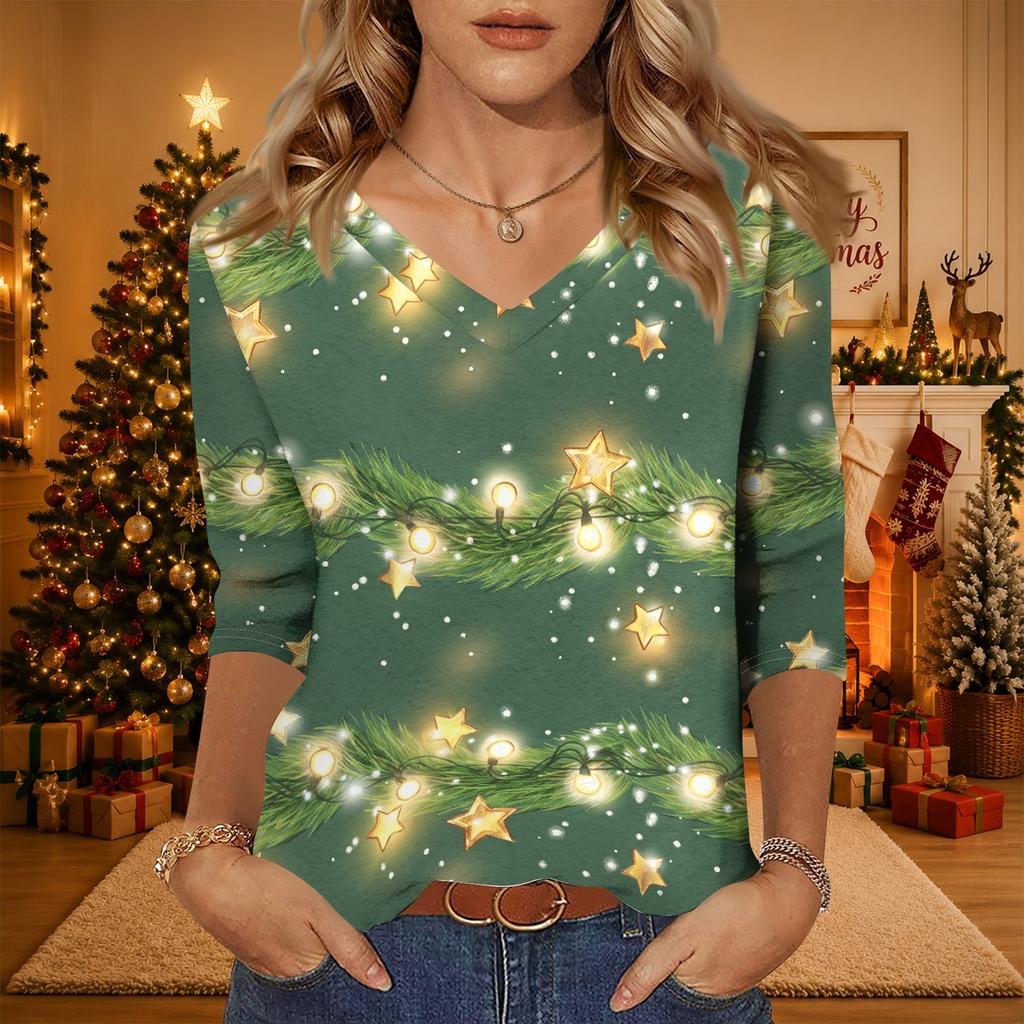Women's Christmas Print V-Neck Three-Quarter Sleeve Loose Fit Casual Shirt for Everyday Wear