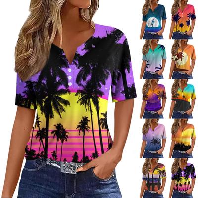 Damska koszulka T-shirt z nadrukiem Przycisk z krótkim rękawem Codzienny weekend Moda Podstawowy Dekolt w kształcie litery V Regularny top
