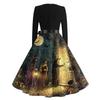 Women's V-Neck Long Sleeve Vintage Halloween Print Dress for Casual Everyday Wear